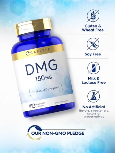 Vista 5 de Carlyle DMG N-dimetilglicina 150 mg 180 cápsulas Suplemento sin OMG, sin gluten