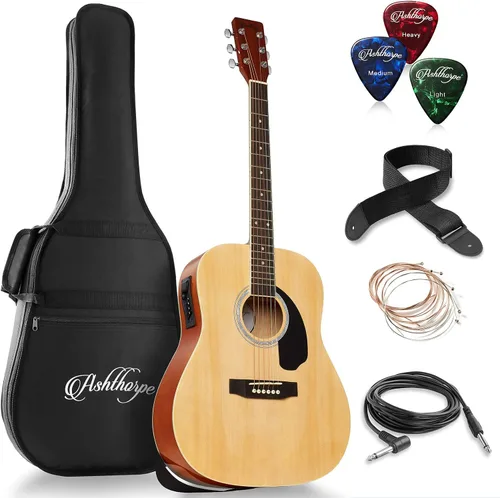 Vista 10 de Ashthorpe Paquete de guitarra acústico-eléctrica Dreadnought de tamaño completo - Maderas tonales premium - Negro
