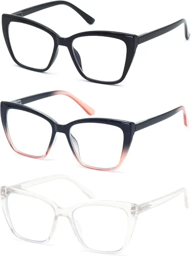 Vista 7 de HIGHLIKE 3-Pack Reading Glasses for Women Stylish Cat-Eye Spring Hinge Clear Lenses Readers Anti Eyestrain