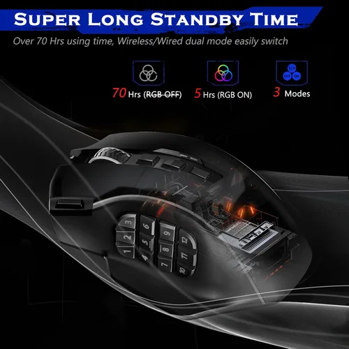 Vista 5 de Redragon Mouse inalámbrico para juegos, mouse MMO para juegos de hasta 16,000 DPI, 16 botones programables macro, recargable RGB con 12 botones