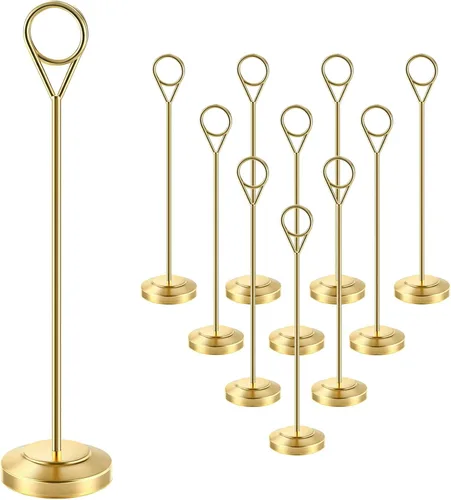 Vista 11 de Radezon 12 soportes dorados para números de mesa, 4 pulgadas de alto para mesa, soportes resistentes para fotos con base antipunta para recepción