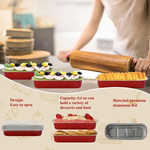 Vista 5 de Mini Moldes para Pasteles con Tapas, 50PCS Moldes Rectangulares Desechables de 6.8OZ Ramekins Forros para Cupcakes con Tapas Moldes para Pan Mini