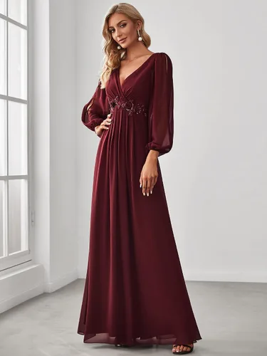 Vista 3 de Ever-Pretty Vestido formal de gasa fruncido de manga larga con cuello en V para mujer 00461