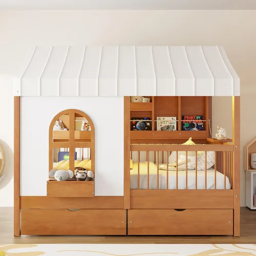 Vista 10 de House Bed Canopy Curtains Full Size, Wood Platform Bed Frame with Storage Drawers Bookshelf Lights Rails Slats Headboard Charging Station 600lbs