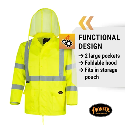 Vista 5 de Pioneer Equipo de lluvia de alta visibilidad Chaqueta de seguridad y pantalones con peto – Alta visibilidad, impermeable, traje de trabajo de PVC