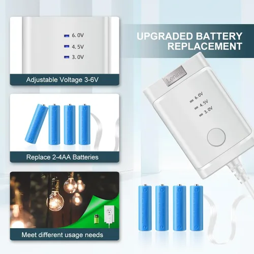 Vista 2 de Lenink - Adaptador de fuente de alimentación AC ajustable para pilas AA, de 3V a 6V, luces LED y decoraciones (Blanco)