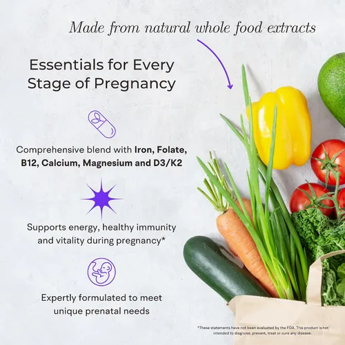 Vista 6 de Vitaminas prenatales de alimentos integrales (120 cápsulas), apoyo natural para la salud materna y fetal, multivitamínico prenatal para mujeres