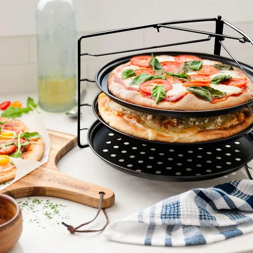 Vista 7 de Chef Pomodoro Juego de pizza para hornear con 3 bandejas para pizza y estante para pizza, (sartenes de 11 pulgadas), bandejas perforadas
