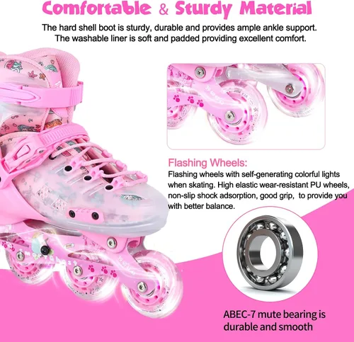 Vista 4 de Inline Skates, Adjustable Childrens Inline Skates with Light up Wheels for Girls, Boys, Teens, Beginner with Protective Gears and Carry Bag