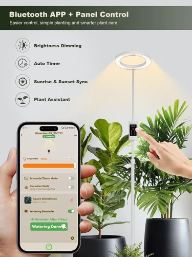 Vista 2 de GLOWRIUM Luces de cultivo inteligentes para plantas de interior, luces de espectro completo de 24 W con aplicación Bluetooth, altura ajustable de 47