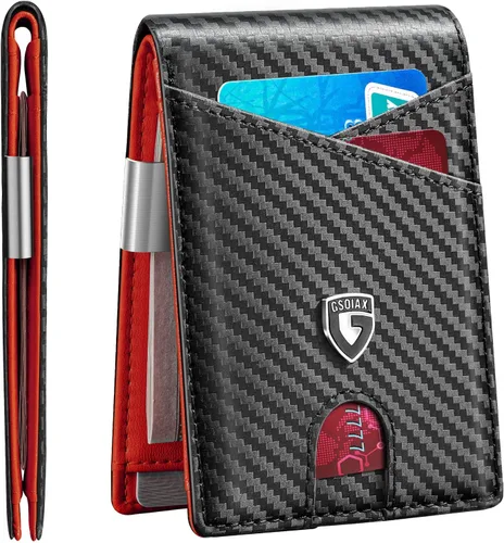 Vista 27 de GSOIAX Cartera delgada de cuero plegable RFID para hombre, billetera minimalista con bolsillo frontal con clip para dinero, 12 ranuras para Negro