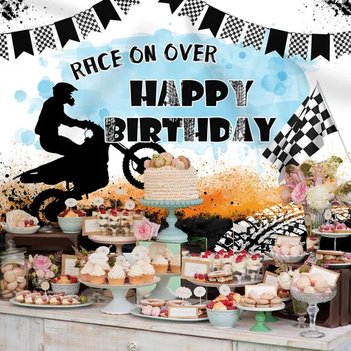 Vista 5 de Telón de fondo de motocicleta con texto en inglés "Race On Over Motocross Racing Fotografía", decoración de fiesta de cumpleaños, suministros
