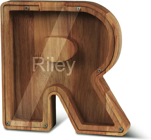 Vista 47 de Alcancía con nombre personalizado, 26 letras láser con texto personalizado, banco de monedas de madera, significado educativo, alcancía con nombre