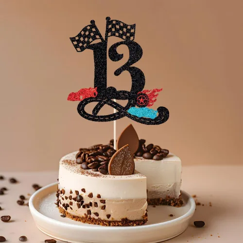 Vista 3 de Decoración para tartas de cumpleaños número 13, decoración para tartas de trece años con purpurina rápida, bandera a cuadros, pista de carreras