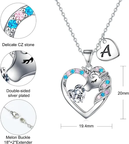 Vista 5 de Regalos de unicornios para niñas y niños, collar de corazón, collares de unicornio para niñas, collares con iniciales, joyería de unicornio, joyería