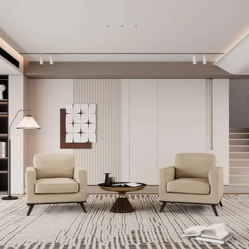 Vista 4 de LeisureMod Silla con brazo decorativo de cuero y malla, moderna con patas de madera de abedul para sala de estar, dormitorio u oficina, colección