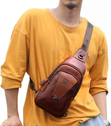 Vista 4 de Hebetag Mochila cruzada de cuero para hombres y mujeres, para viajes al aire libre, trabajo, bolsa para el pecho, camping, casual, mochila café, 7.1