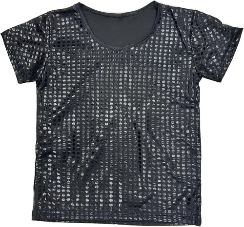 Vista 3 de Camiseta brillante de manga corta para niños y niñas, estilo hip hop, jazz, danza, festival, fiesta, blusa suelta
