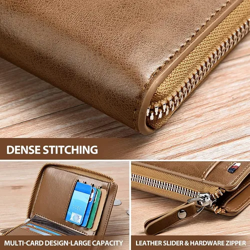 Vista 3 de Tendaisy Cartera con cierre RFID para hombre con múltiples tarjetas de crédito, Caqui, cartera Rfid