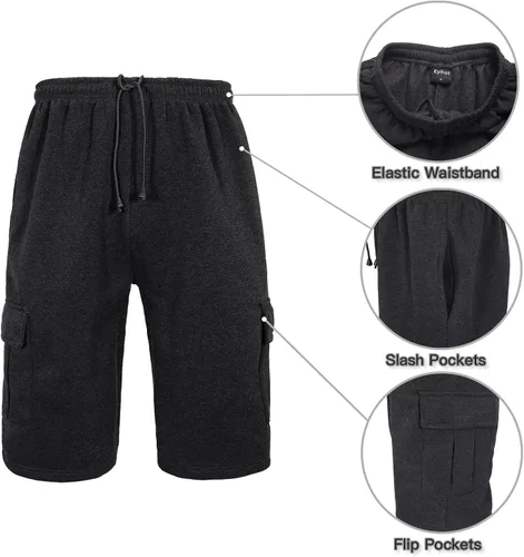 Vista 4 de Pantalones cortos deportivos para hombre por debajo de la rodilla, pantalones cortos cargo de forro polar con cintura elástica, pantalones