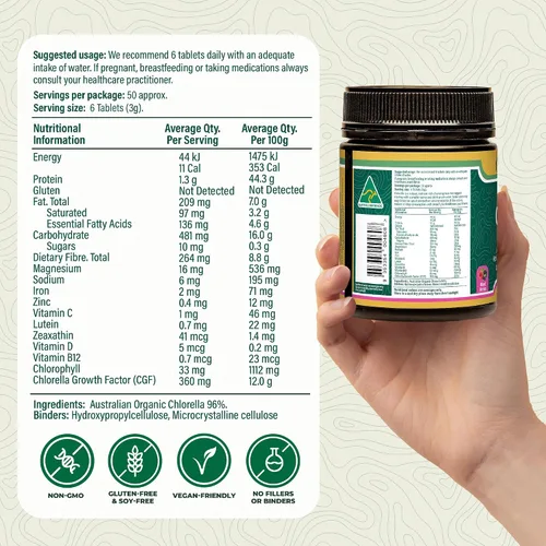 Vista 4 de Biogenesis Tabletas orgánicas de Chlorella – 300 unidades (500 mg) bayas mixtas Cultivado en Australia Pared celular agrietada BioDynamic Rico