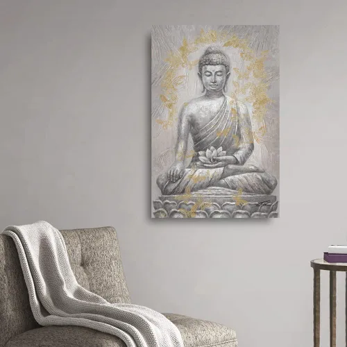 Vista 5 de Yidepot Lienzo decorativo de Buda para pared, lámina dorada: estatua zen con textura de flor de loto para budismo, decoración de pared, carteles
