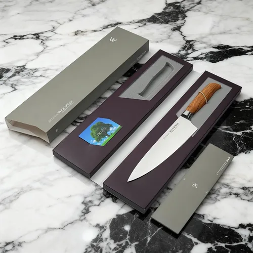 Vista 7 de WICKWILLOW - Cuchillo de chef de 8 pulgadas – Cuchillo de cocina de acero sueco ultra afilado con mango de madera de olivo italiano – Cuchillo