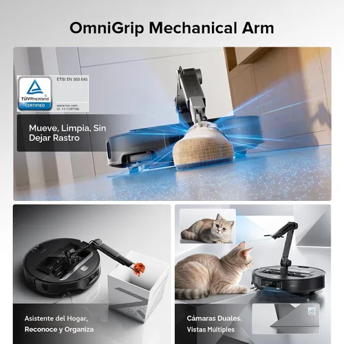 Vista 3 de roborock Saros Z70 Robot aspiradora y trapeador, brazo OmniGrip, alimentado por IA, succión de 22,000 Pa, ultra delgado de 3.14 pulgadas, tecnología
