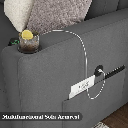 Vista 5 de Keyluv Sofá cama extraíble de 87 pulgadas con diván de almacenamiento, sofá cama modular reversible 2 en 1 con estación de carga y soporte