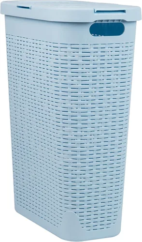 Vista 7 de Mind Reader Cesta de lavandería delgada con tapa, cesta de ropa de 40 L, diseño de mimbre premium, plástico, azul bebé
