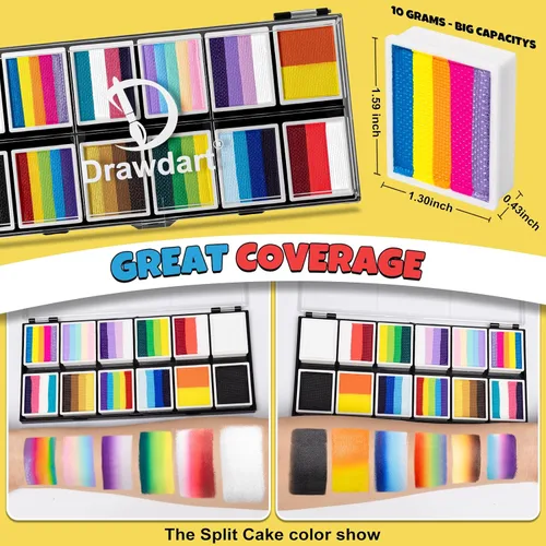 Vista 8 de Drawdart Kit profesional de pintura facial para niños y adultos, paleta de pintura facial Split Cake 12 x 10gm con plantilla, juego de pintura