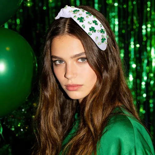 Vista 3 de boderier Diadema del día de San Patricio con sombrero de copa verde, diadema de trébol, accesorios de fiesta anudada de cristal con cuentas