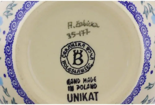 Vista 4 de Auténtico cuenco de cerámica polaca de 6 pulgadas en diseño de aciano azul, hecho a mano en Bolesławiec Polonia por Ceramika Bona + certificado