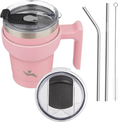 Vista 53 de Konokyo - Vaso de 10 onzas con asa y 2 popotes, 2 tapas, botella de agua aislada de acero inoxidable, taza de viaje reutilizable, color verde militar