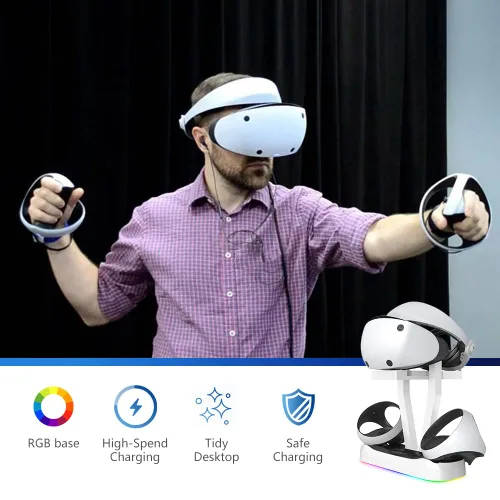 Vista 7 de G-STORY Base de carga para controlador PSVR2, base de luz RGB estación de carga vertical con soporte de auriculares VR, cargador PS VR2