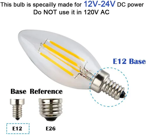 Vista 2 de Bombilla LED de vela de 12 V/24 V CC, regulable con atenuador de 12 V CC, 4 W 400 lúmenes, luz blanca cálida de 2700 K, base pequeña E12, punta