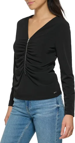 Vista 2 de Calvin Klein Blusa de manga larga con cremallera frontal fruncida para mujer