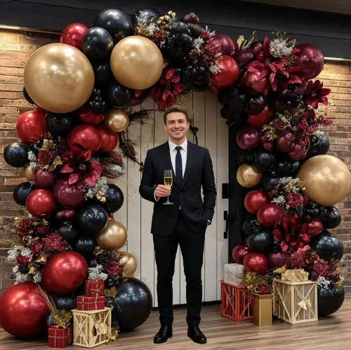 Vista 6 de Guirnalda de globos de color burdeos y negro con doble relleno, color rojo oscuro, dorado, granate y negro, kit de arco de globos para cumpleaños