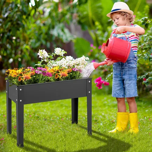 Vista 3 de HAPPYGRILL Cama de jardín elevada, maceta elevada de 18 pulgadas con patas, orificio de drenaje, diseño de dobladillo, caja de jardín de metal