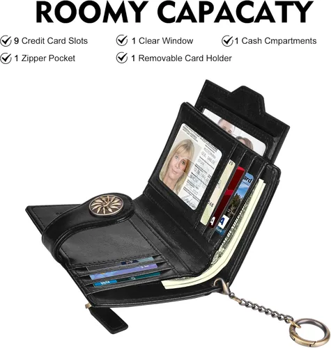 Vista 3 de Travelambo Cartera pequeña para mujer con 2 ventanas de identificación, bloqueo RFID, de cuero, tarjetero con bolsillo con cremallera