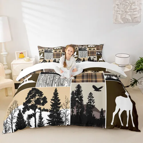 Vista 26 de Juego de funda de edredón para niños de ciervo, oso, lobo, tamaño individual, juego de ropa de cama de cabaña de aventura para niños, niñas