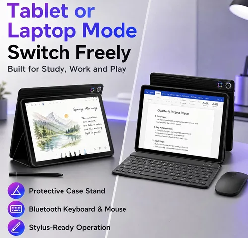 Vista 11 de Jeazans Tablet Android 16 de 10.1 pulgadas, paquete de tableta 2 en 1 con teclado, mouse inalámbrico, lápiz capacitivo, funda de cuero, cámara