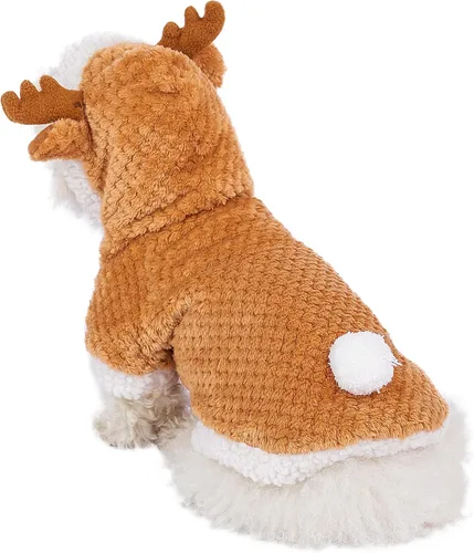 Vista 3 de Disfraz de reno de Navidad para cachorro, disfraz de alce de gato con capucha, abrigo de invierno de Navidad, ropa de Navidad (XL)