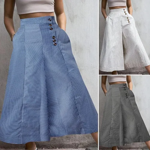 Vista 4 de Celmia Culottes - Pantalones de pierna ancha para mujer cintura elástica botones y bolsillos capris