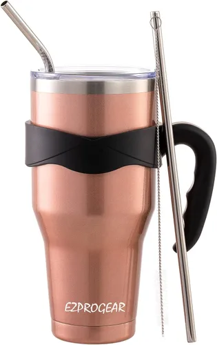 Vista 7 de Ezprogear – Vaso con aislamiento al vacío de doble pared de acero inoxidable, con pajilla y asa Doble pared, acero inoxidable, taza