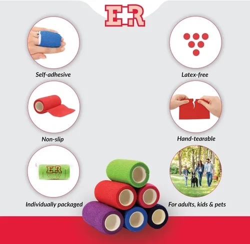 Vista 2 de Ever Ready First Aid Vendajes cohesivos autoadherentes de 4 pulgadas x 5 yardas, 6 unidades, colores arcoíris