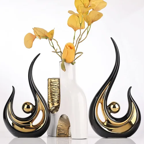 Vista 3 de XMGZQ 2 piezas Estatua de Arte Abstracto Moderno en Negro y Oro para Decoración de Mesa, Elegante Estatua de Cerámica para Acento de Decoración