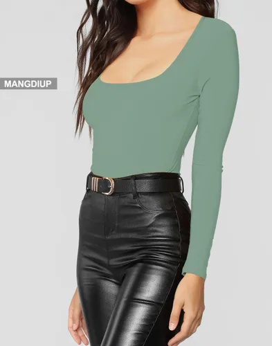 Vista 188 de MANGDIUP Body esencial para mujer, cuello redondo, manga larga, ajustado, elástico, de algodón y elastano