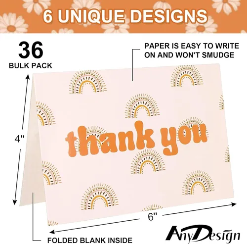 Vista 2 de AnyDesign Paquete de 36 tarjetas de agradecimiento de arco iris boho con calcomanías de sello a juego, sobres de tarjetas de felicitación hippie
