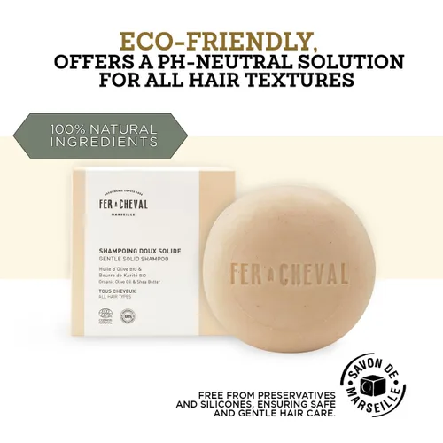 Vista 2 de Fer à Cheval Gentle Solid Shampoo 3.53 oz/3.53 onzas – Aceite de oliva orgánico y manteca de karité, aroma natural de leche de avena, sin silicona